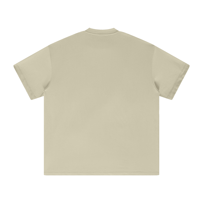 Back view of heavyweight earth tone FOG T-shirt in beige color.