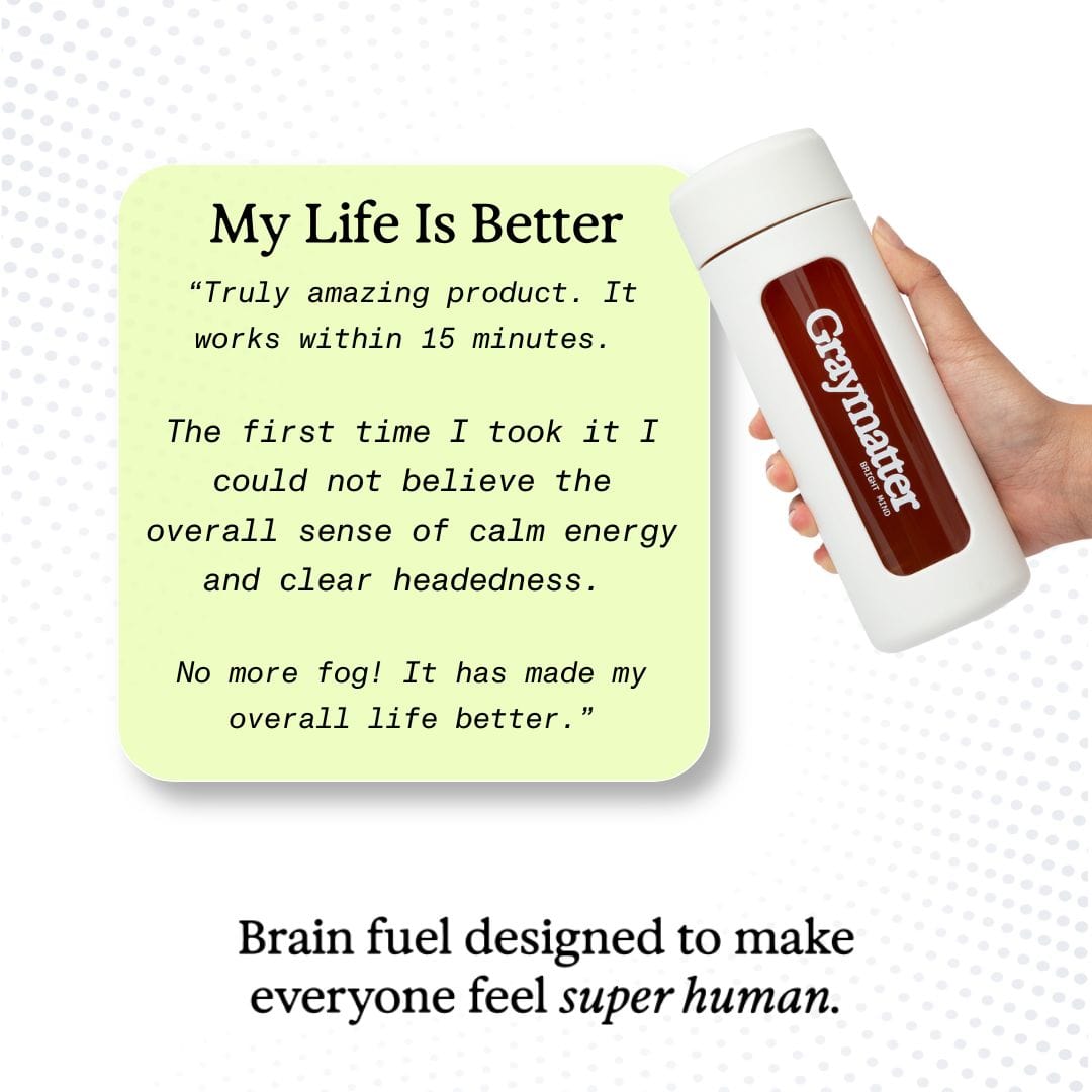 "Graymatter brain fuel product with customer testimonial and benefits description."