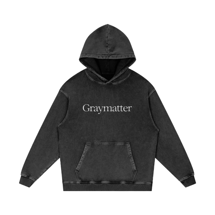 Graymatter limited edition white logo hoodie on gray background.